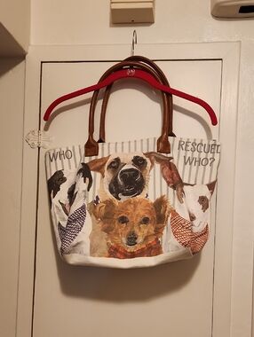 🔥Who Rescued Who? Cream Canvas Dog Tote with Brown Handles